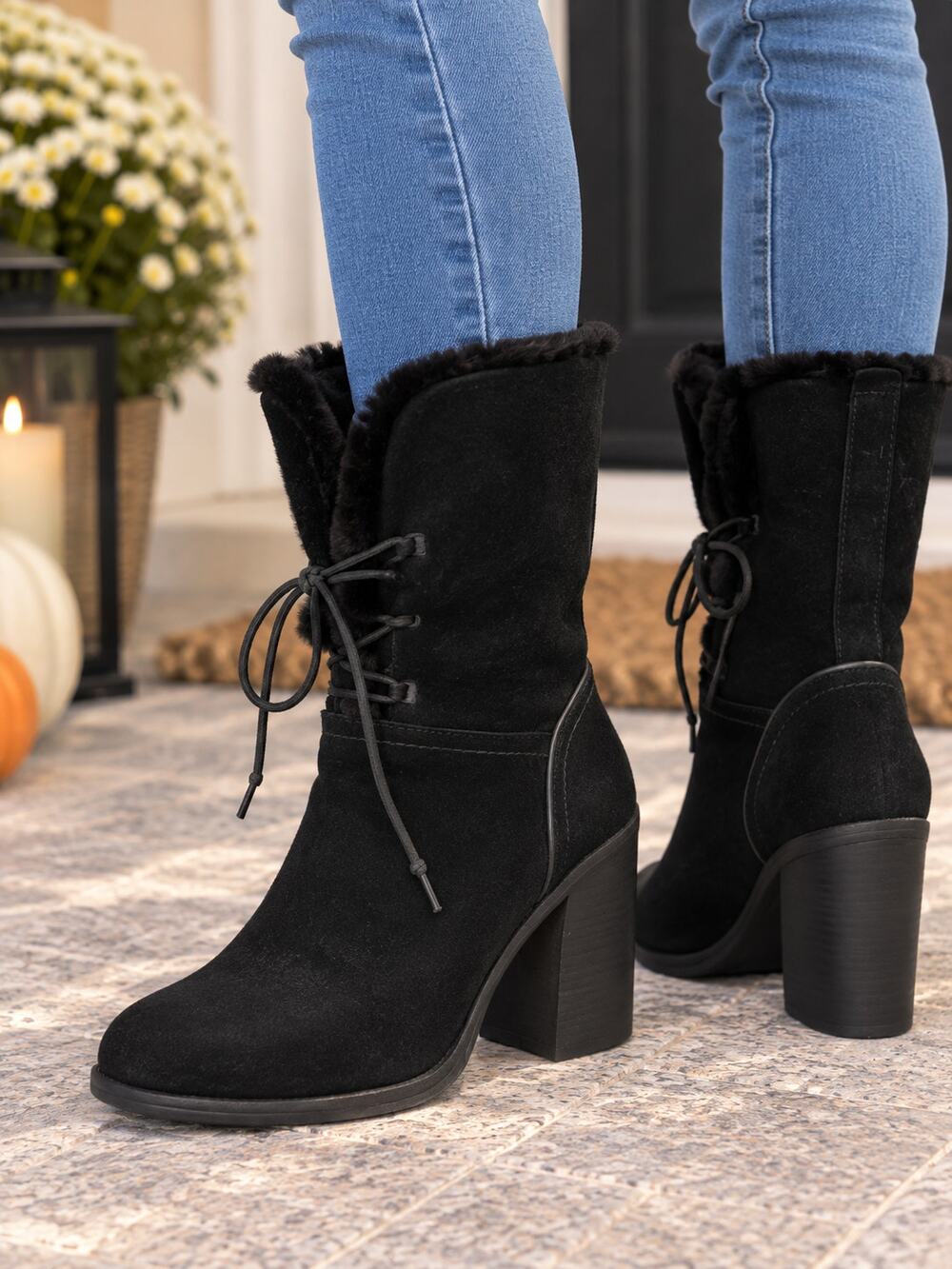 UGG Jeren Black Suede Shearling Lace-Up Block Heel Boots Women’s 8.5